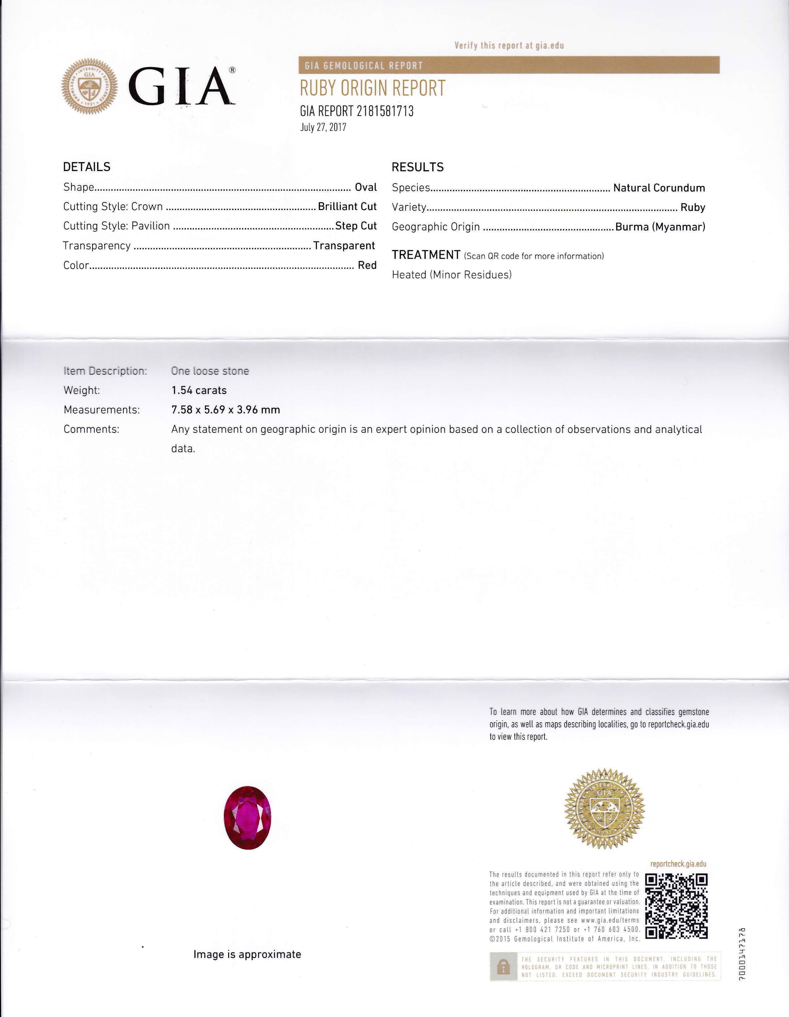 1.54 Carats Ruby GIA Cert MSRP: